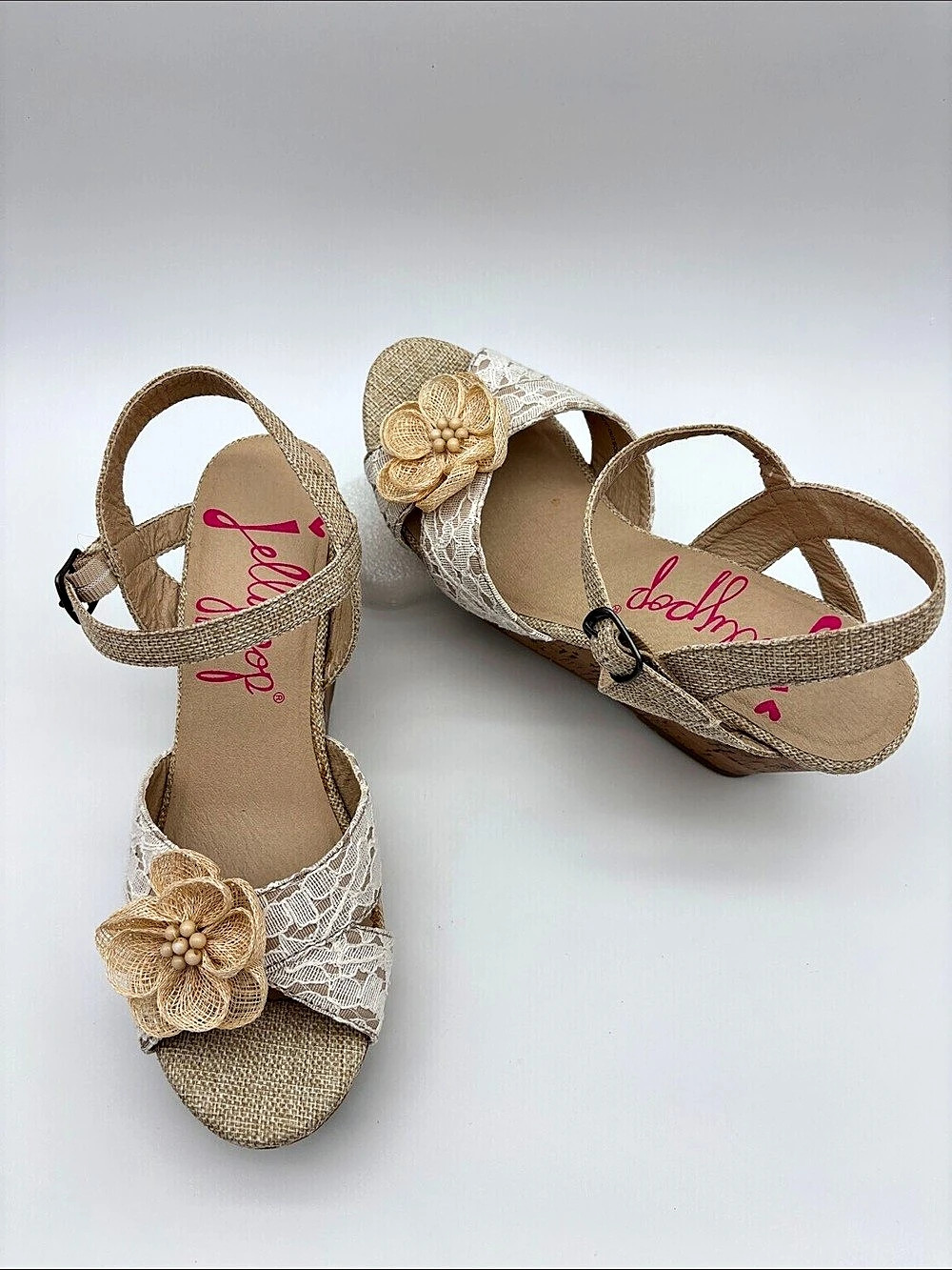 Jellypop Beige White Lace Flower Wedge Sandals Cork Platform Women’s US 8.5 #782